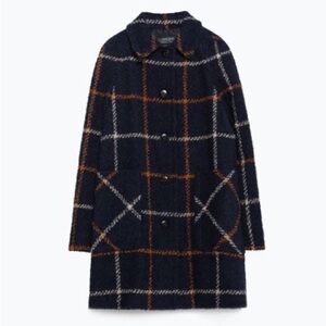 Zara Navy and Orange Plaid Pea Coat